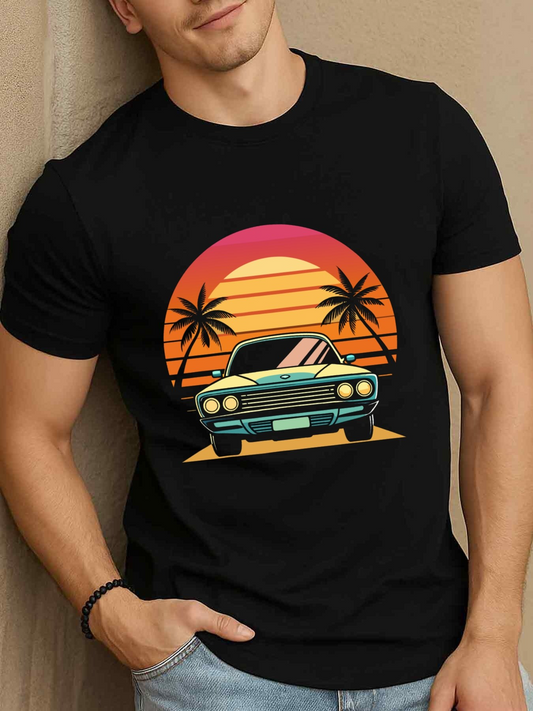 Men's Graphic T-Shirt Retro Sunset Palms With Reflected Vintage Sport Car