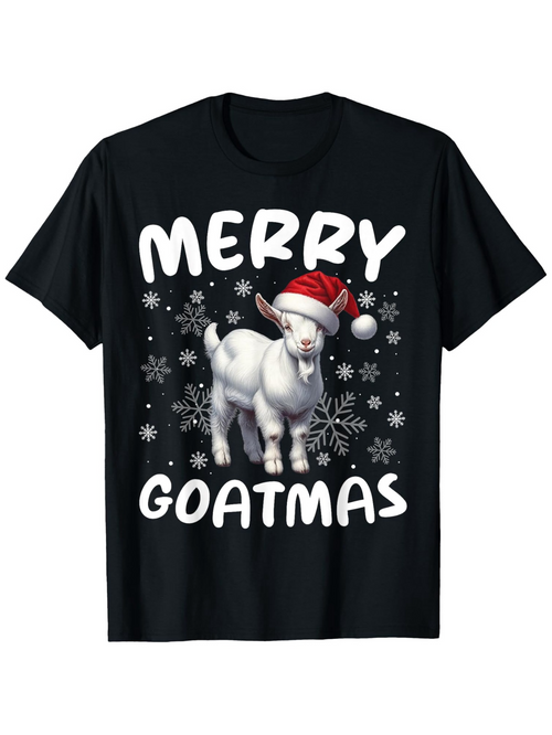 Men's Graphic T-Shirt Merry Goatmas Snowflakes Santa Hat With Winter Holiday Goat