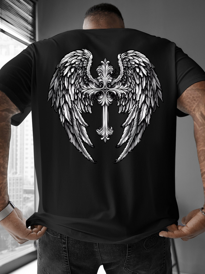 Men's Graphic T-Shirt Detailed Gothic Feathered Wings With Ornate Metal Cross Motif