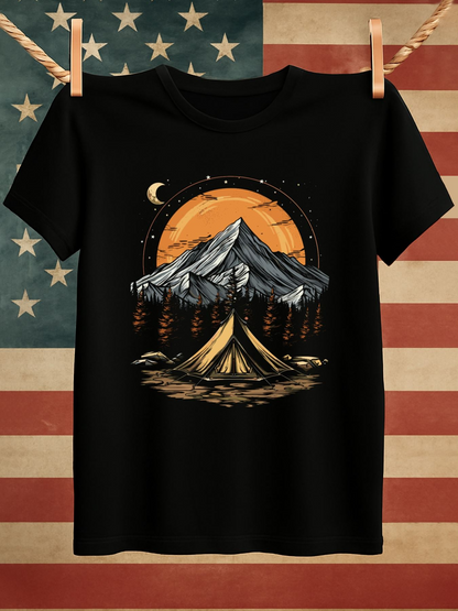 Men's Graphic T-Shirt Orange Sky With Illuminated Tent Under Snow Capped Mountain