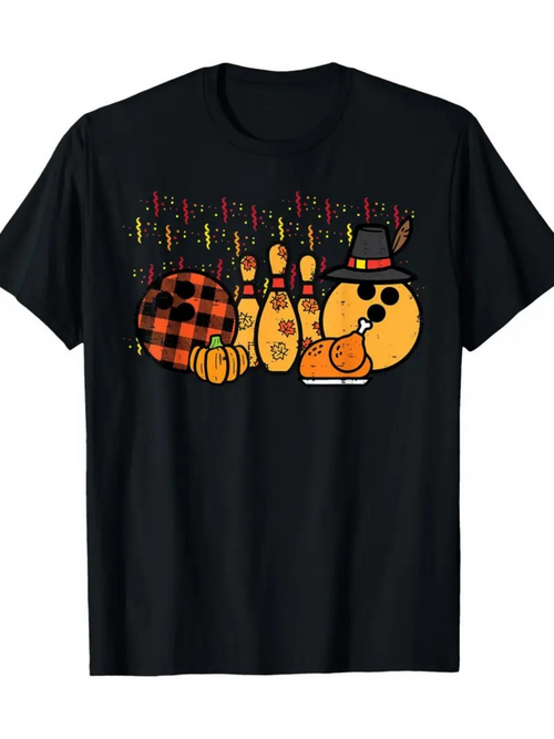 Men's Graphic T-Shirt Bright Autumn Leaves With Pumpkins Bowling Ball And Bowling Pins