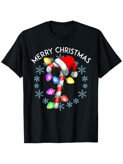 Men's Graphic T-Shirt Merry Christmas Colorful Holiday Lights With Candy Cane Surrounded By Snowflakes