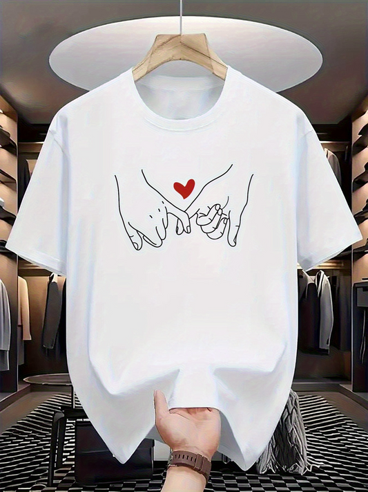 Men's Graphic T-Shirt Minimalist Line Drawing Of Interlocking Hands With Red Heart