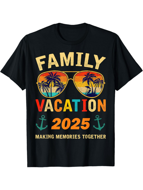 Men's Graphic T-Shirt Family Vacation 2025 Colorful Sunset Palms Reflected Sunglasses