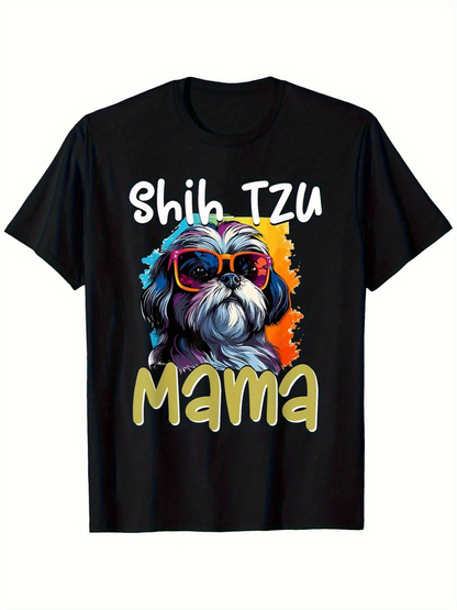 Men's Graphic T-Shirt Shih Tzu Mama Cool Sunglasses With Colorful Artistic Paint Strokes Dog