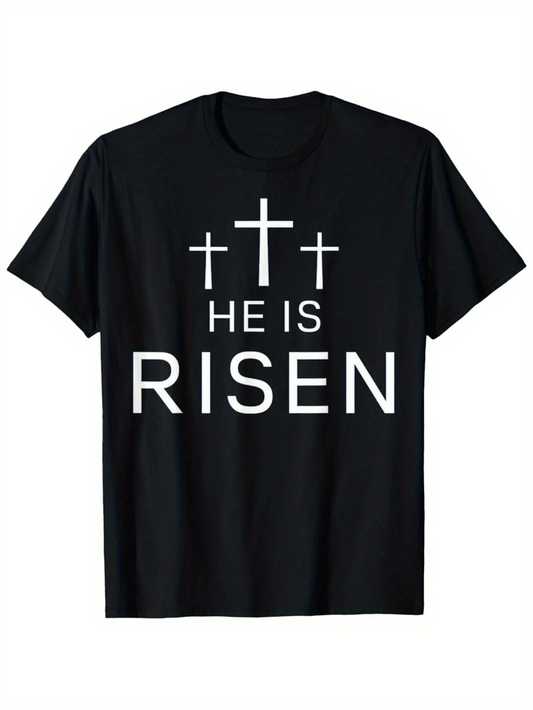 Men's Graphic T-Shirt He Is Risen Three Crosses Above Text Risen