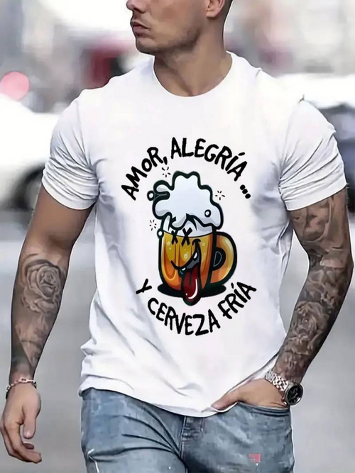 Men's Graphic T-Shirt Frothy Beer Mug With Cartoon Illustration On White Shirt