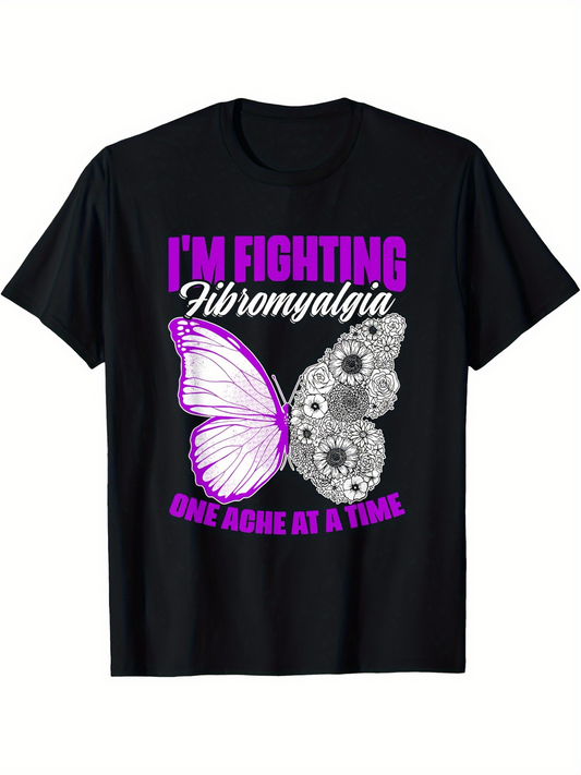 Men's Graphic T-Shirt Im Fighting Fibromyalgia Purple Butterfly With Delicate Gears On Black Shirt