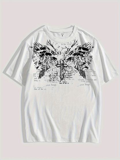 Men's Graphic T-Shirt Black Ink Wings With Cross And Layered Handwriting Surreal Angel
