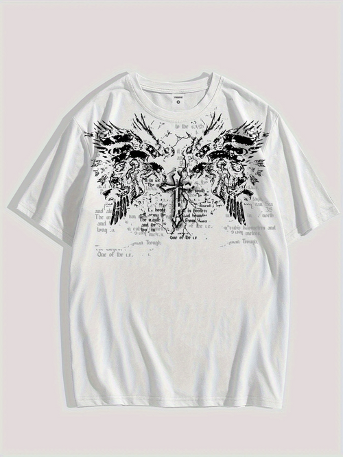 Men's Graphic T-Shirt Black Ink Wings With Cross And Layered Handwriting Surreal Angel