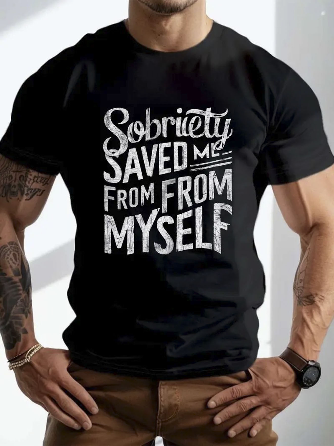 Men's Graphic T-Shirt Sobriety Saved Me From Myself Bold White Statement Text T Shirt