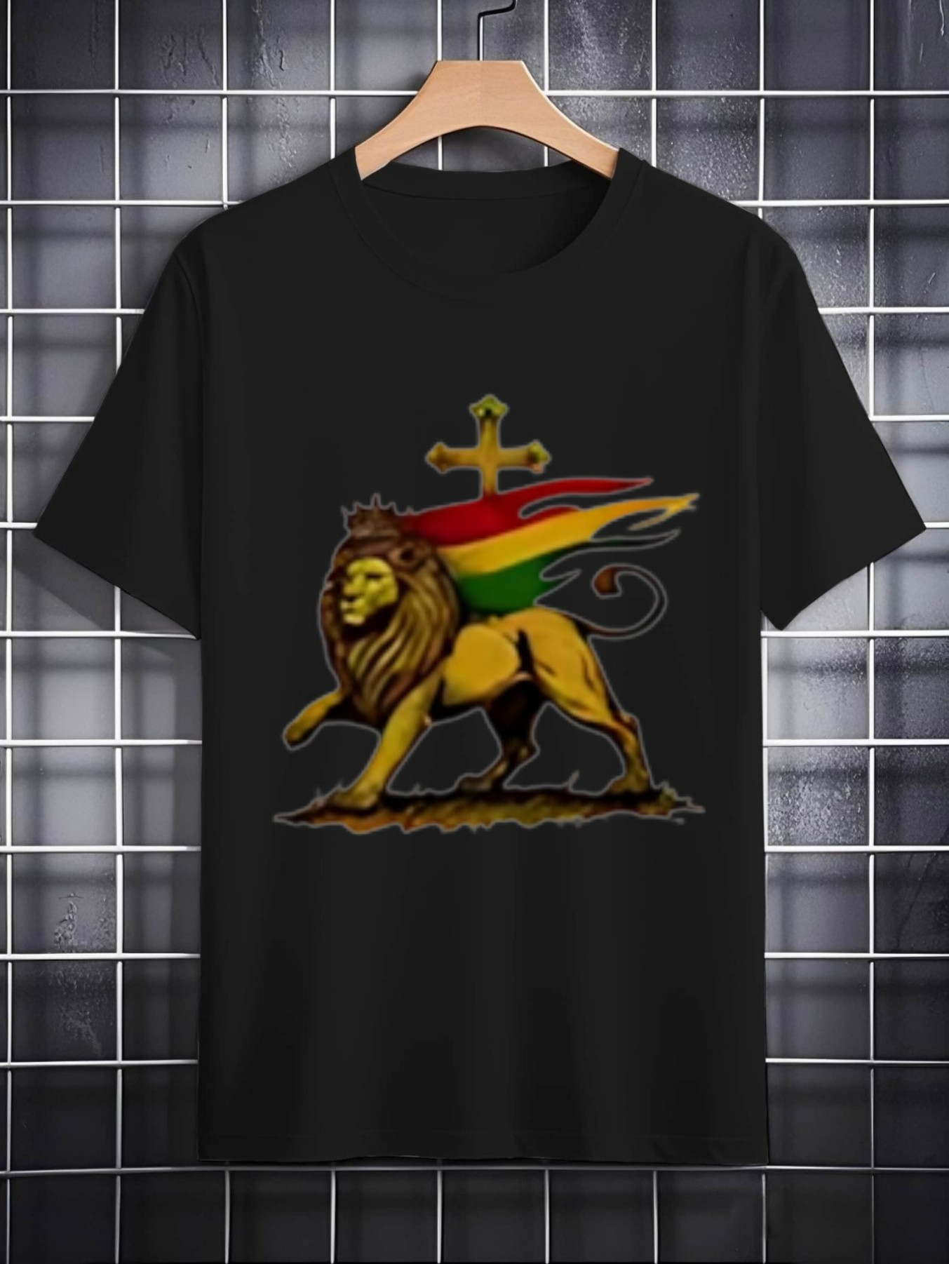 Men's Graphic T-Shirt Reggae Colored Crowned Lion With Waving Striped Royal Banner