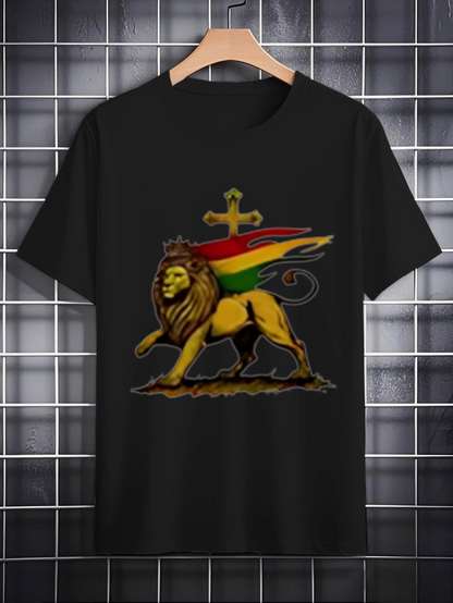 Men's Graphic T-Shirt Reggae Colored Crowned Lion With Waving Striped Royal Banner