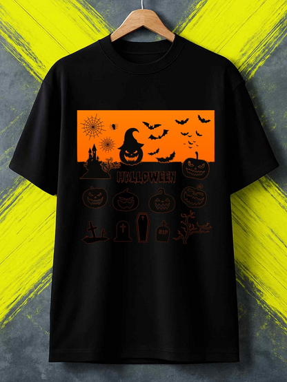 Men's Graphic T-Shirt Halloween Night Pumpkins And Bats With Haunted Castle Silhouette