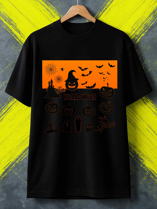 Men's Graphic T-Shirt Halloween Night Pumpkins And Bats With Haunted Castle Silhouette