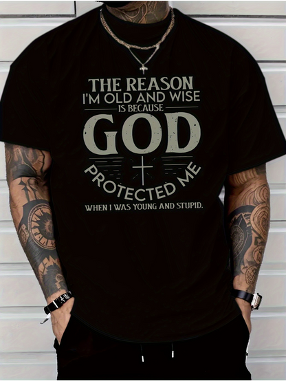 Men's Graphic T-Shirt The Reason God Protected Me With Bold Statement Letters And Cross Graphic T Shirt