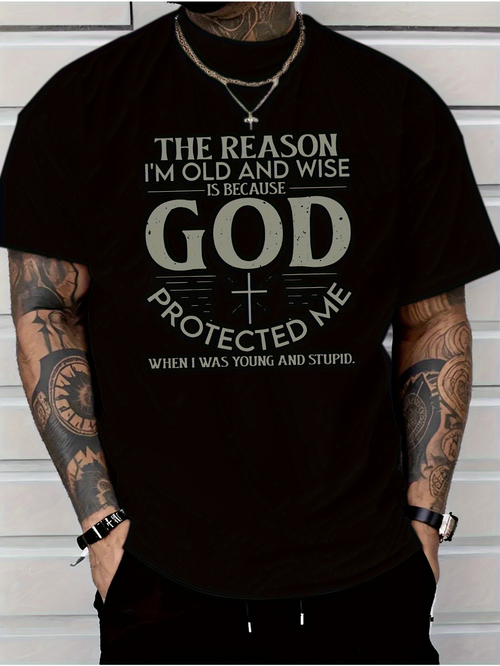 Men's Graphic T-Shirt The Reason God Protected Me With Bold Statement Letters And Cross Graphic T Shirt