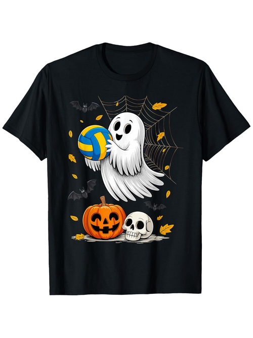Men's Graphic T-Shirt Playful Ghost With Volleyball Surrounded By Pumpkins And Autumn Leaves