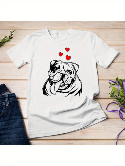 Men's Graphic T-Shirt Sketchy Lively Bulldog Surrounded By Three Red Cartoon Hearts