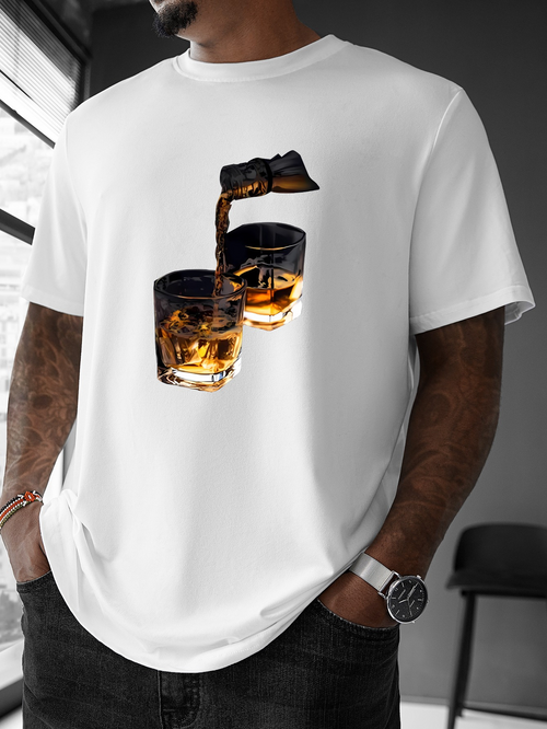 Men's Graphic T-Shirt Golden Whiskey Pouring Into Shimmering Glasses With Ice Cubes