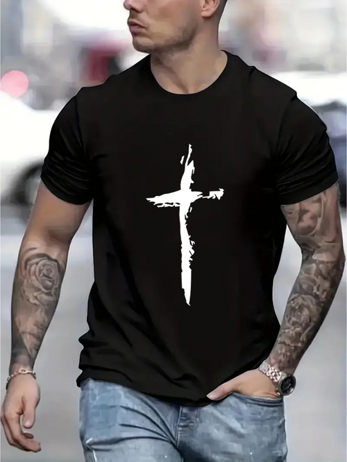 Men's Graphic T-Shirt Minimalist Brush Stroke White Cross Symbol Shirt