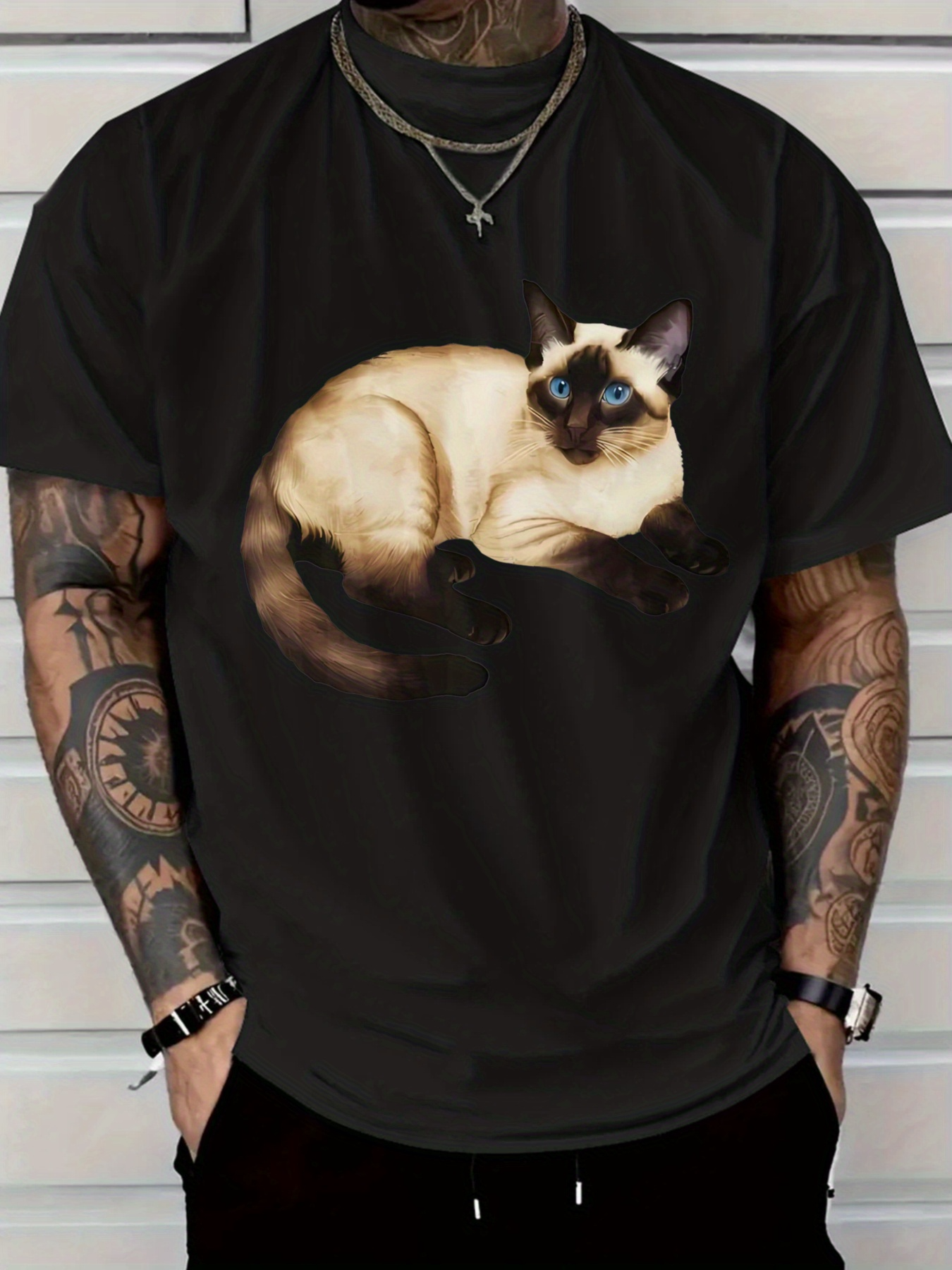 Men's Graphic T-Shirt Elegant Shaded Fur With Blue Eyes Reclining Siamese Cat