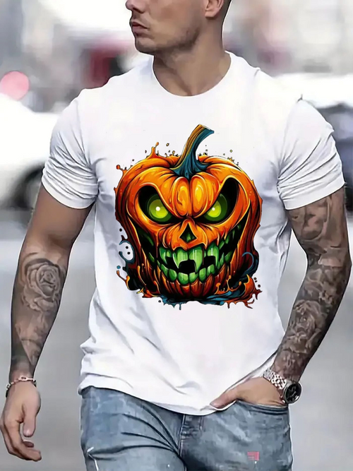 Men's Graphic T-Shirt Glowing Halloween Pumpkin With Vibrant Neon Green Lurid Expression Pumpkin