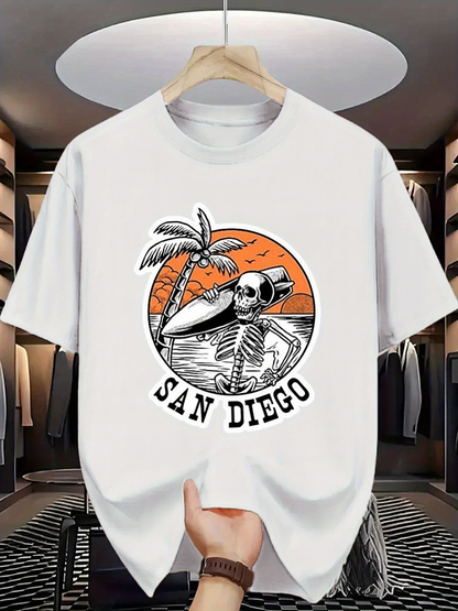 Men's Graphic T-Shirt San Diego Retro Sunset With Skeleton Surfing Palm Tree Beach