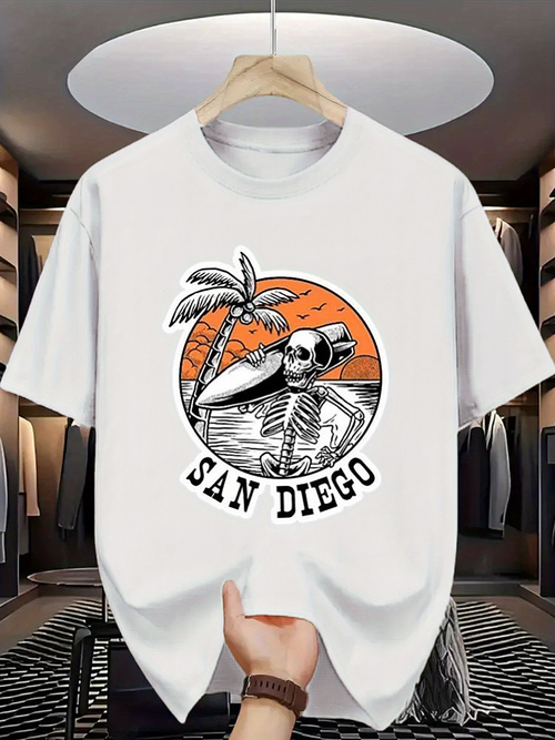 Men's Graphic T-Shirt San Diego Retro Sunset With Skeleton Surfing Palm Tree Beach