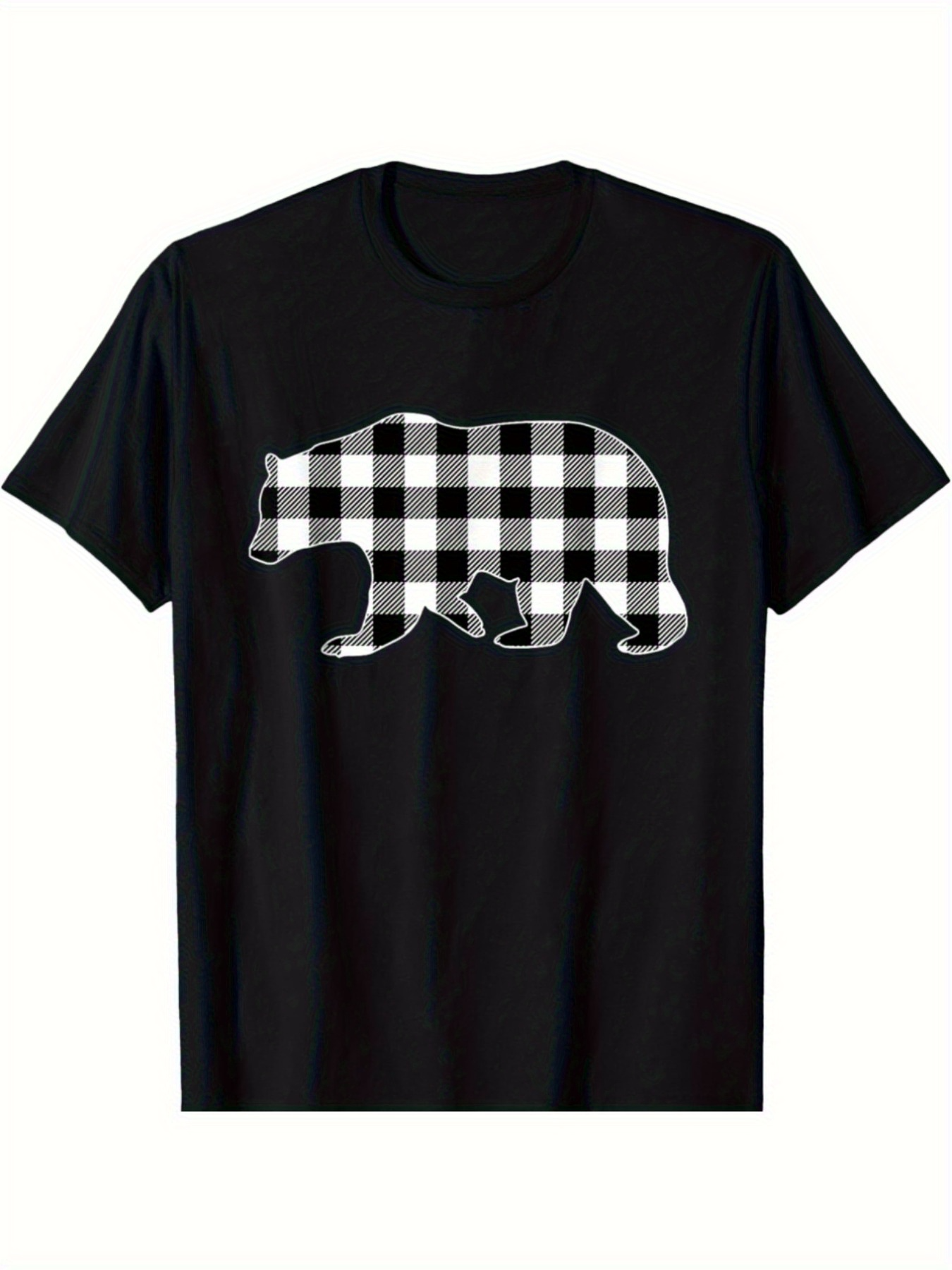 Men's Graphic T-Shirt Classic Plaid Pattern With Checkered Texture Silhouette Of Walking Bear