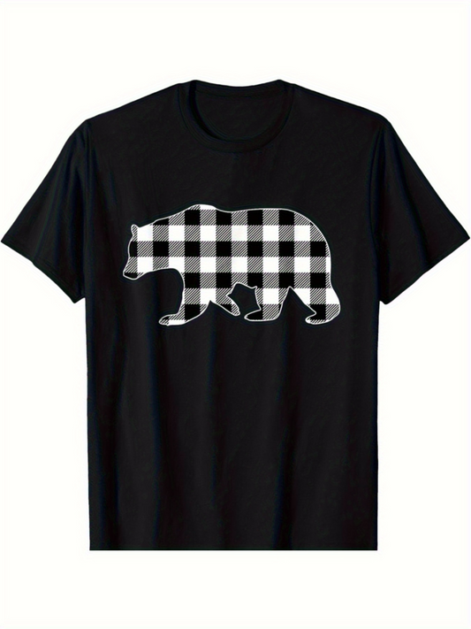 Men's Graphic T-Shirt Classic Plaid Pattern With Checkered Texture Silhouette Of Walking Bear