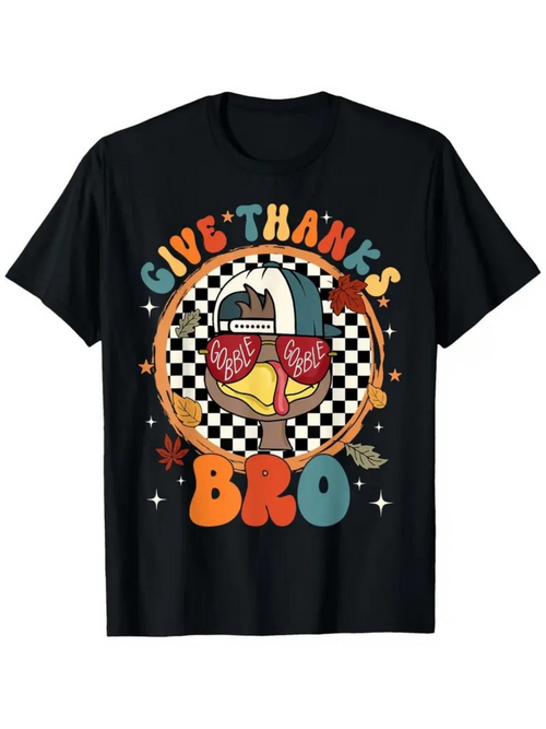 Men's Graphic T-Shirt Give Thanks Bro Retro Vintage Turkey Surrounded By Autumn Leaves And Checkerboard Pattern
