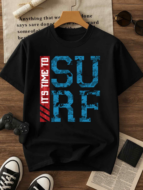 Men's Graphic T-Shirt Its Time To Surf Distressed Blue Lettering On Urban Black T Shirt