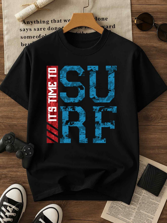 Men's Graphic T-Shirt Its Time To Surf Distressed Blue Lettering On Urban Black T Shirt