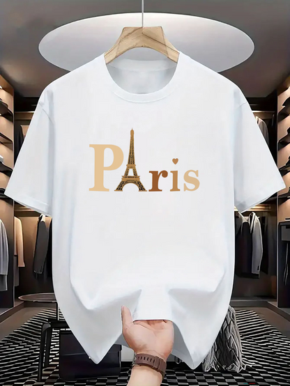 Men's Graphic T-Shirt Golden Lettering With Eiffel Tower Icon Paris T Shirt