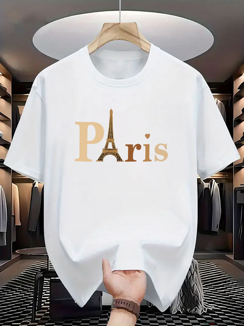 Men's Graphic T-Shirt Golden Lettering With Eiffel Tower Icon Paris T Shirt