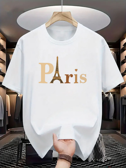 Men's Graphic T-Shirt Golden Lettering With Eiffel Tower Icon Paris T Shirt
