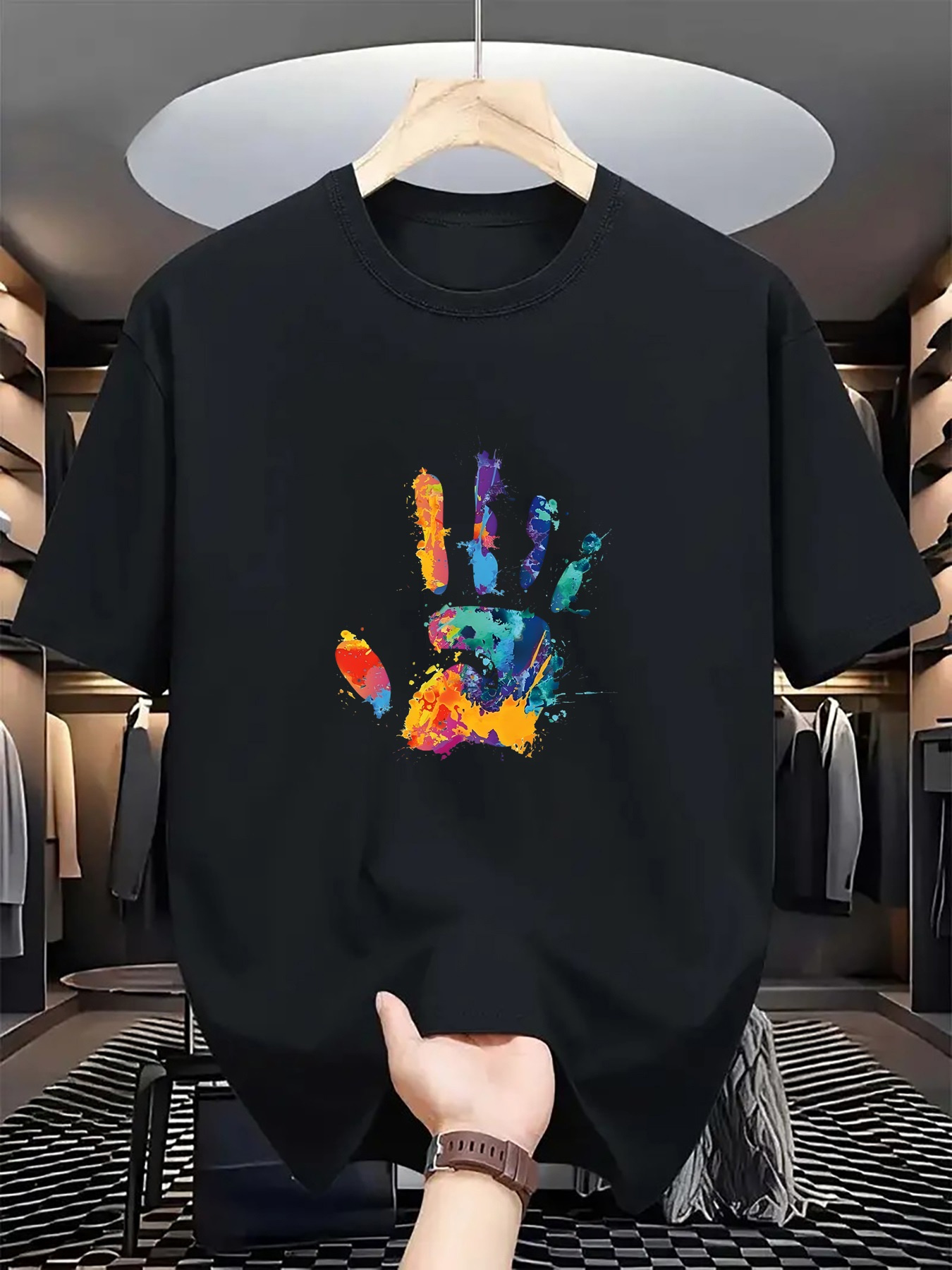 Men's Graphic T-Shirt Colorful Artistic Paint Splatter Patterned Palm Print Hand