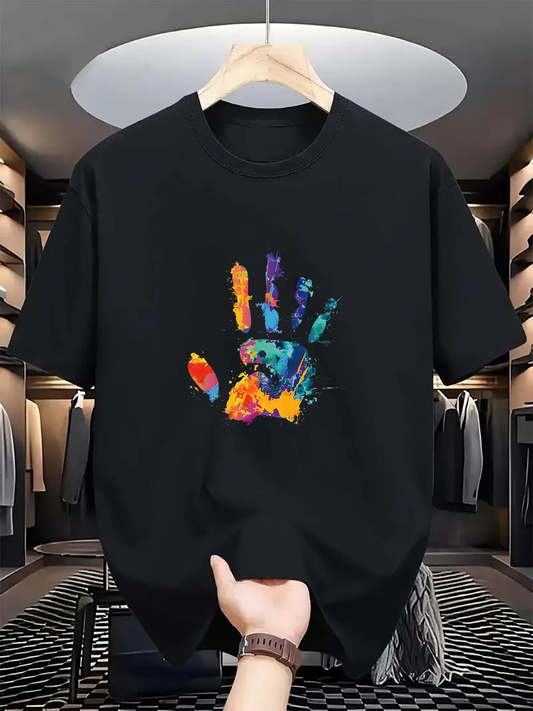 Men's Graphic T-Shirt Colorful Artistic Paint Splatter Patterned Palm Print Hand