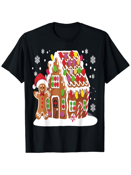 Men's Graphic T-Shirt Christmas Candy Decorated Gingerbread House With Snowflakes Gingerbread Man
