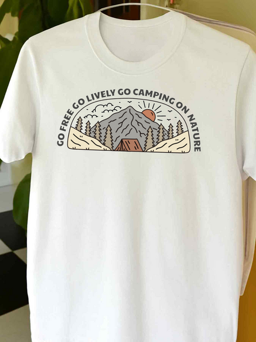 Men's Graphic T-Shirt Go Free Go Lively Go Camping On Nature Surrounded By Trees And Sunlit Mountains With Tent