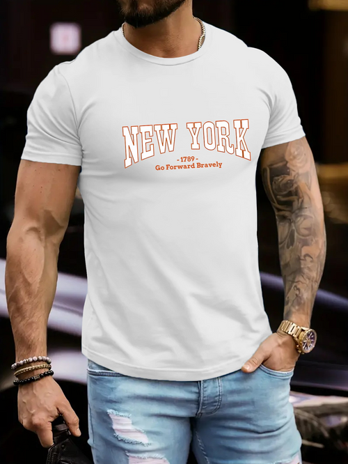 Men's Graphic T-Shirt New York Red Outlined Bold Letters On Simple White Shirt