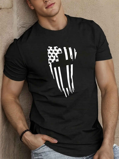 Men's Graphic T-Shirt Distressed Vertical Stripes With Stars And Central Cross Flag