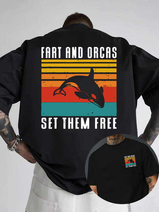 Men's Graphic T-Shirt Fart And Orcas Set Them Free Retro Striped Wild Ocean Orca