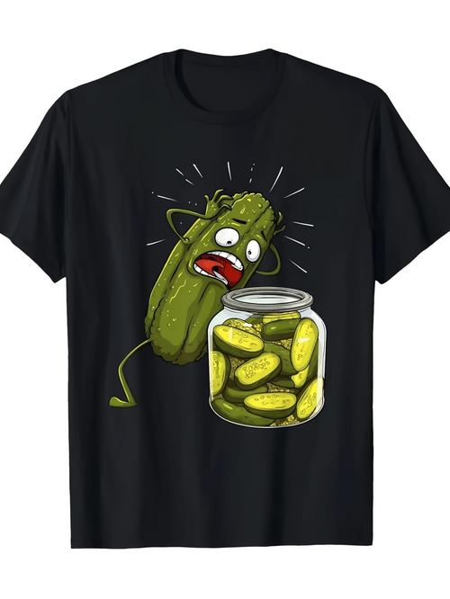 Men's Graphic T-Shirt Cartoon Scared Pickle With Surprised Face Standing Beside A Glass Jar