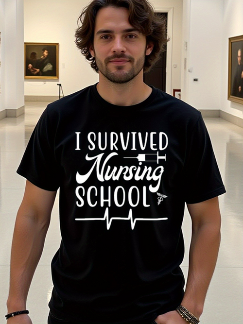 Men's Graphic T-Shirt I Survived Nursing School White Bold Text With Medical Icons And Heartbeat Line T Shirt