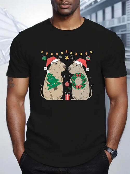 Men's Graphic T-Shirt Festive Holiday Lights With Christmas Hats And Wreath Adorned Rats