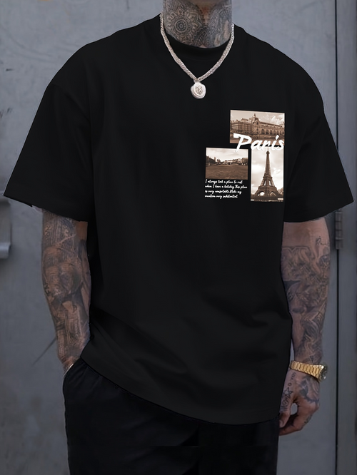 Men's Graphic T-Shirt Paris Text With Sepia Photo Postcards Surrounding The Eiffel Tower
