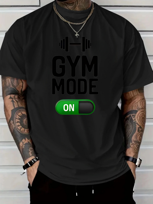 Men's Graphic T-Shirt Gym Mode On Green Switch With Barbell Silhouette On Shirt