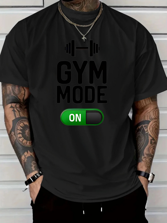Men's Graphic T-Shirt Gym Mode On Green Switch With Barbell Silhouette On Shirt